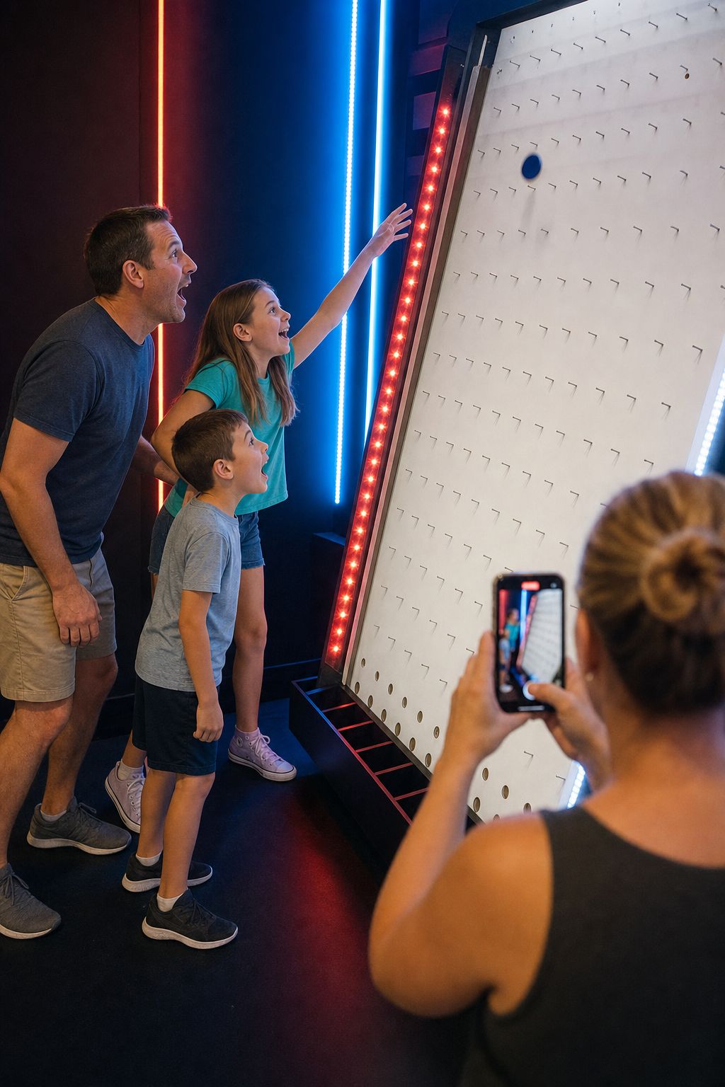 A family watches a puck drop down the giant Plinko board