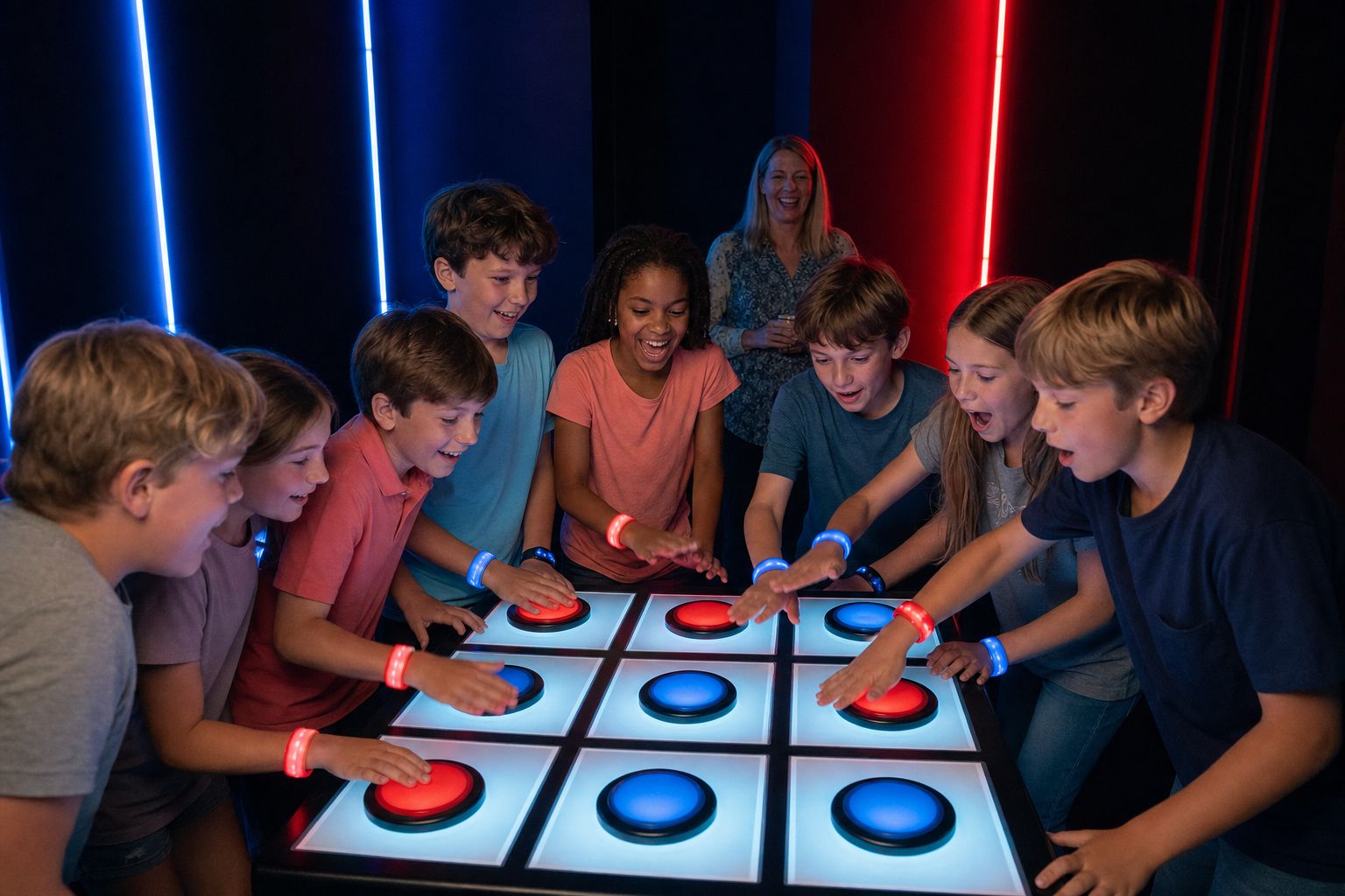 Kids in red and blue wristbands race to hit a giant lit tic-tac-toe board