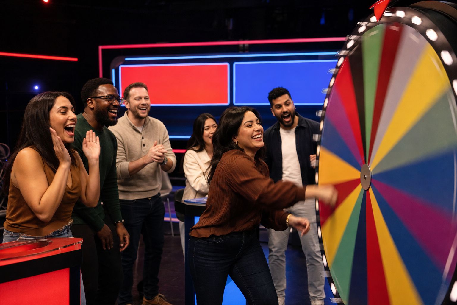 Friends cheering as one of them spins the big prize wheel