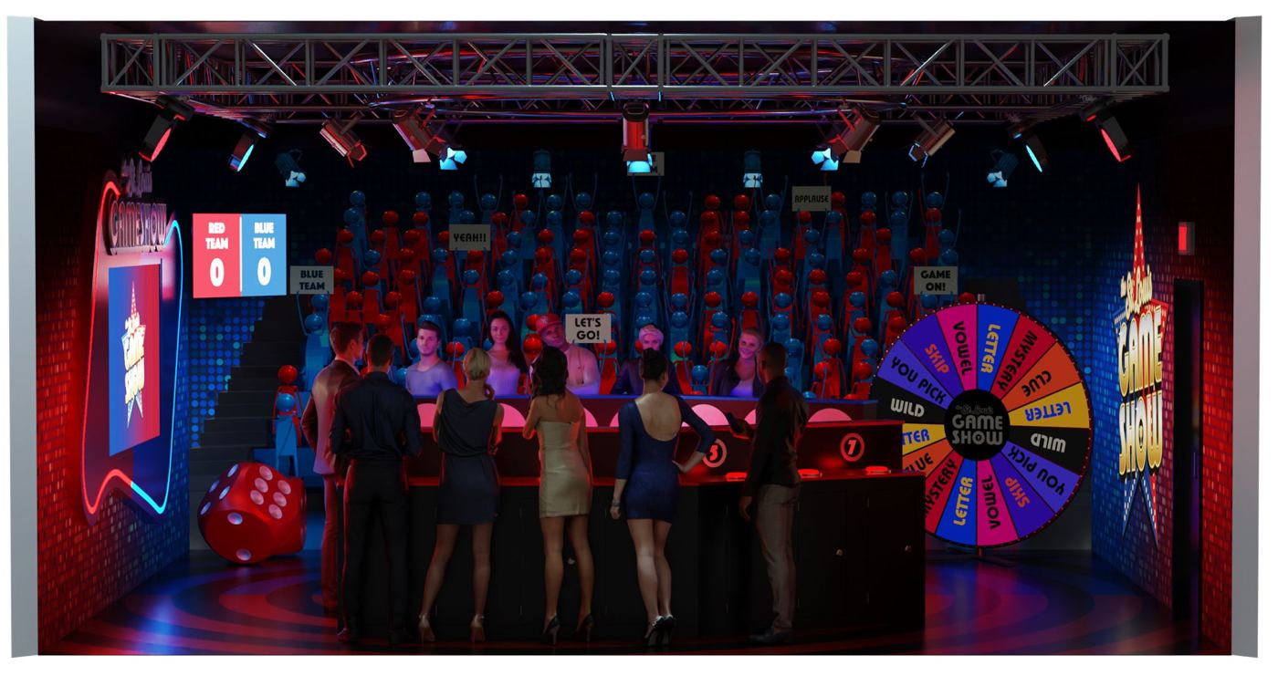 A full game show studio: lit podiums, big prize wheel, scoreboard and a cheering crowd